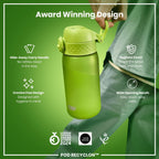 ION8 Recyclon Green 350ml leak-proof water bottle for kids, made from recycled materials, with a durable design and secure lid.