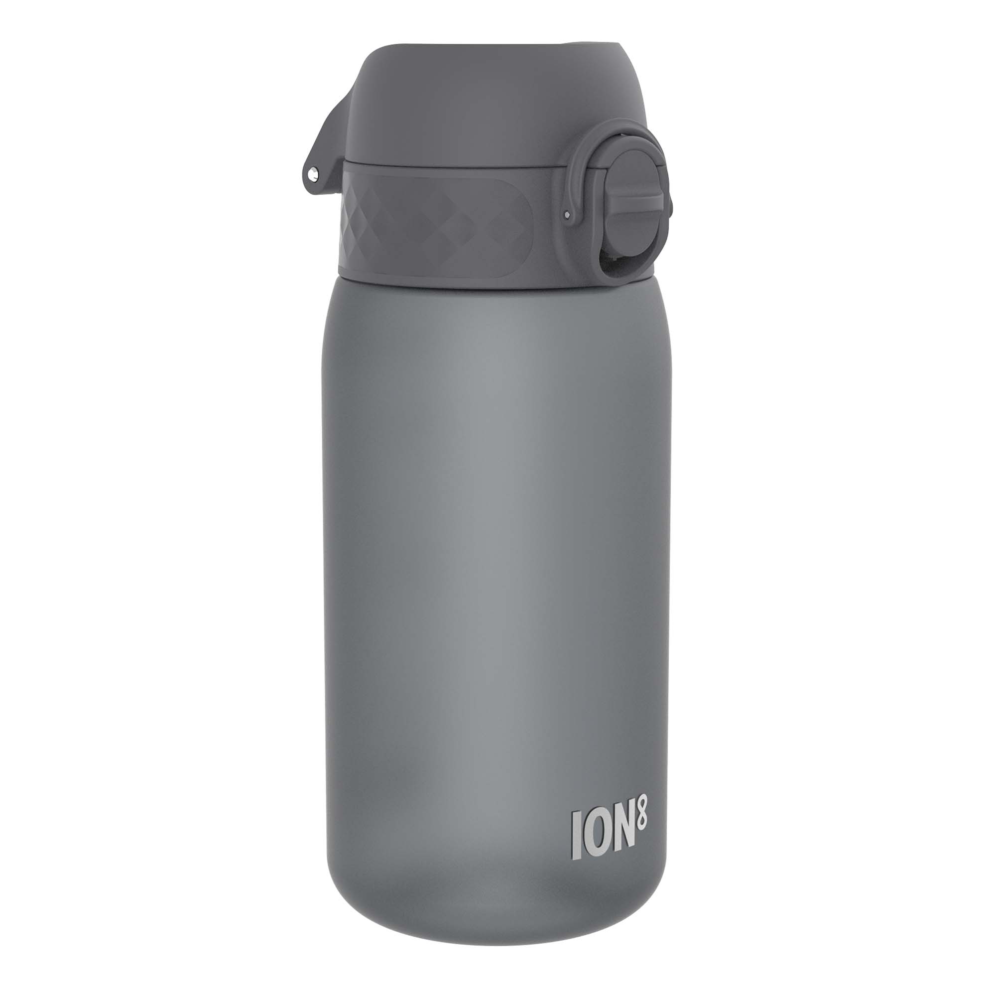 Grey Recyclon leak-proof kids water bottle by ION8, 350ml (12oz), with a durable design and secure lid.