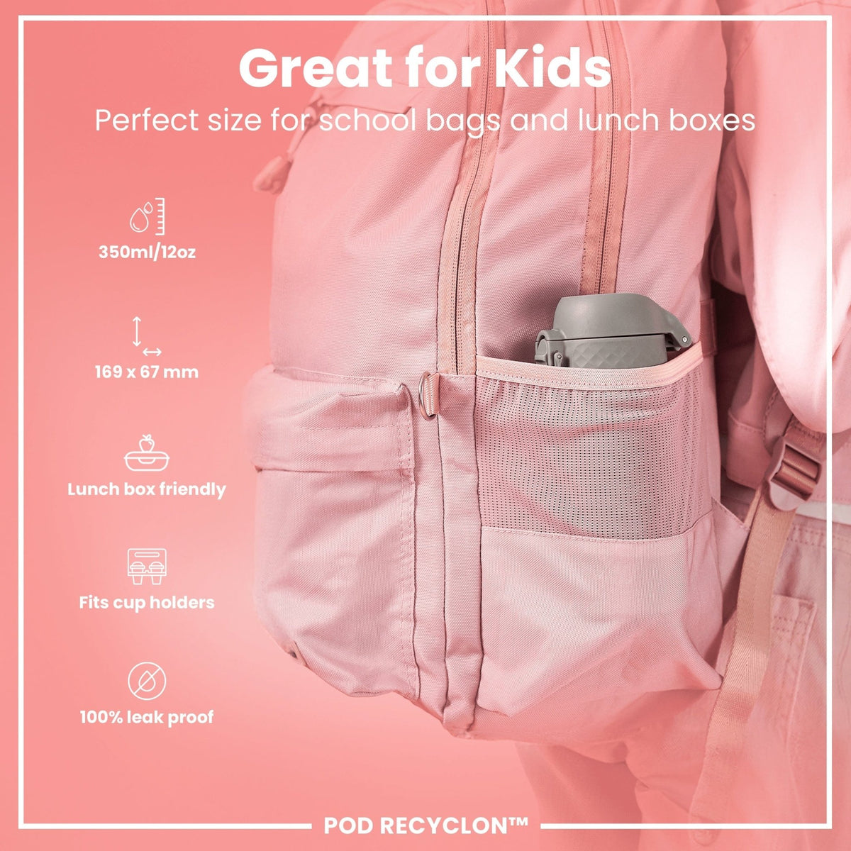 ION8 Recyclon Grey 350ml leak-proof water bottle for kids, made of recyclable materials, with a secure screw-on lid.