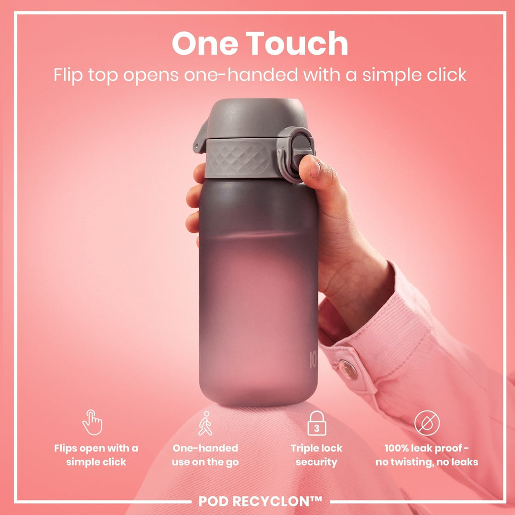 Ion8 Recyclon Grey 350ml kids water bottle with leak-proof design and reusable plastic material.