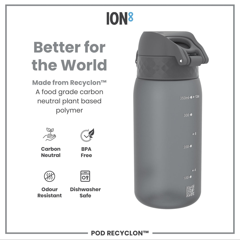 ION8 Recyclon Grey 350ml water bottle for kids, leak-proof, reusable, with a secure lid and compact design.