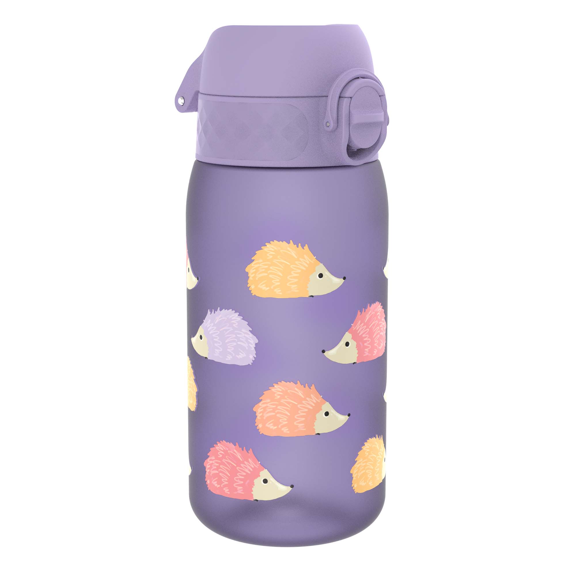 ION8 Recyclon leak-proof kids' water bottle with hedgehog design, 350ml (12oz), featuring a colorful, easy-to-hold shape.