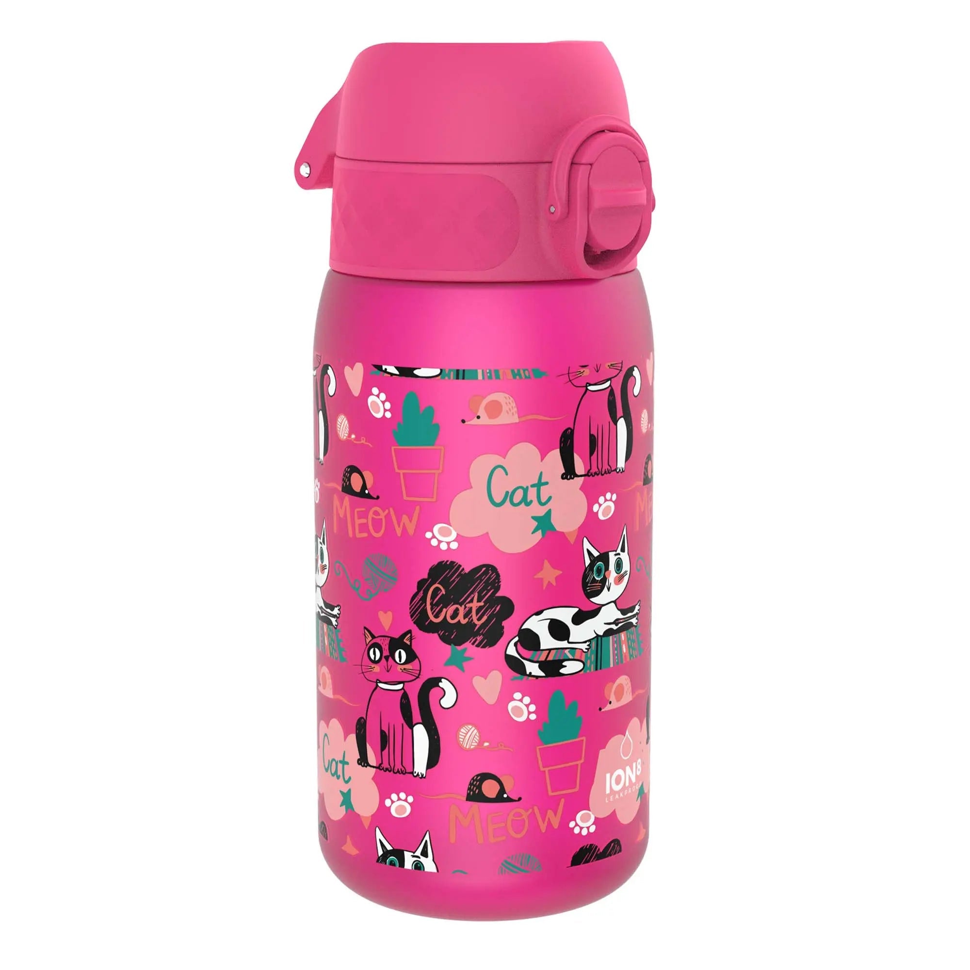 Ion8 leak-proof kids water bottle with kitten design, 350ml Recyclon water bottle for children, colorful and durable.