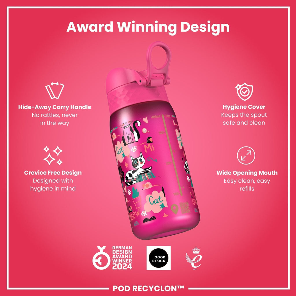 Ion8 Recyclon water bottle for kids with kitten design, 350ml leak-proof Recyclon bottle by ION8.