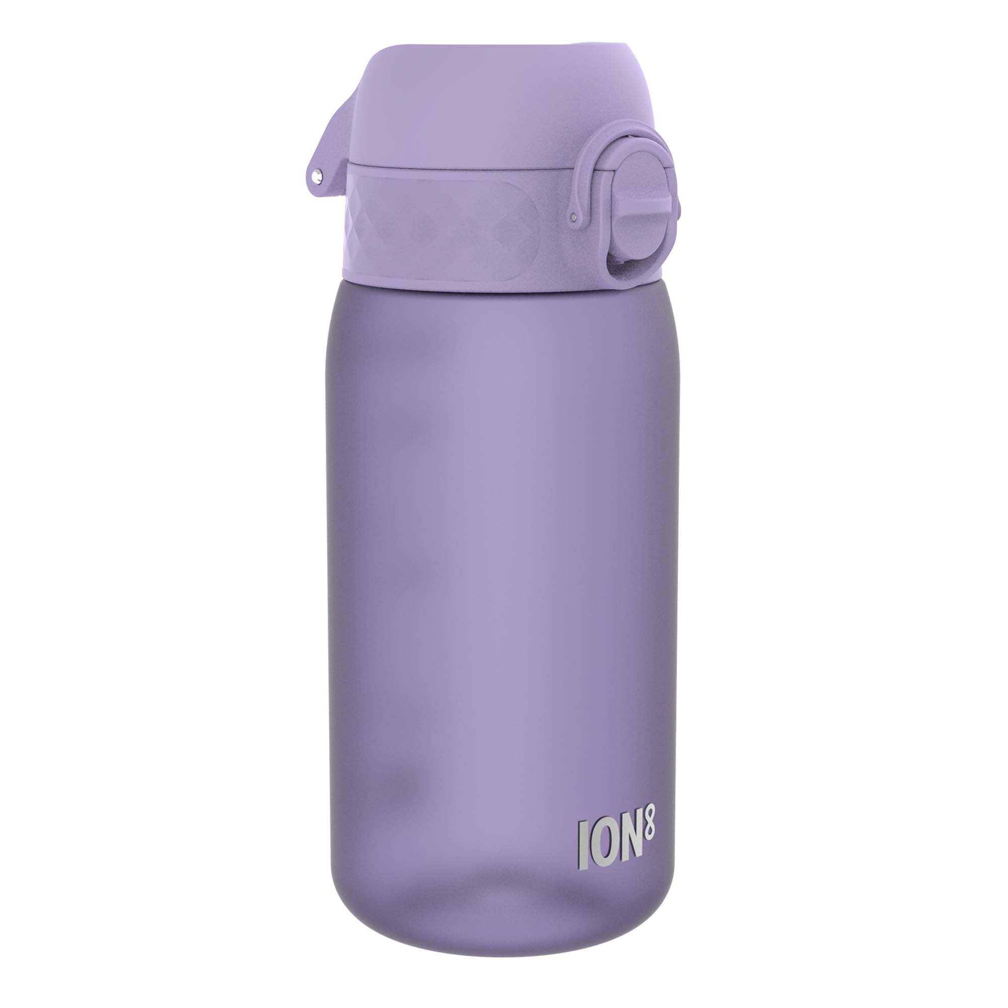 Light purple ION8 Recyclon leak-proof kids' water bottle with 350ml capacity, featuring a child-friendly design and secure lid.