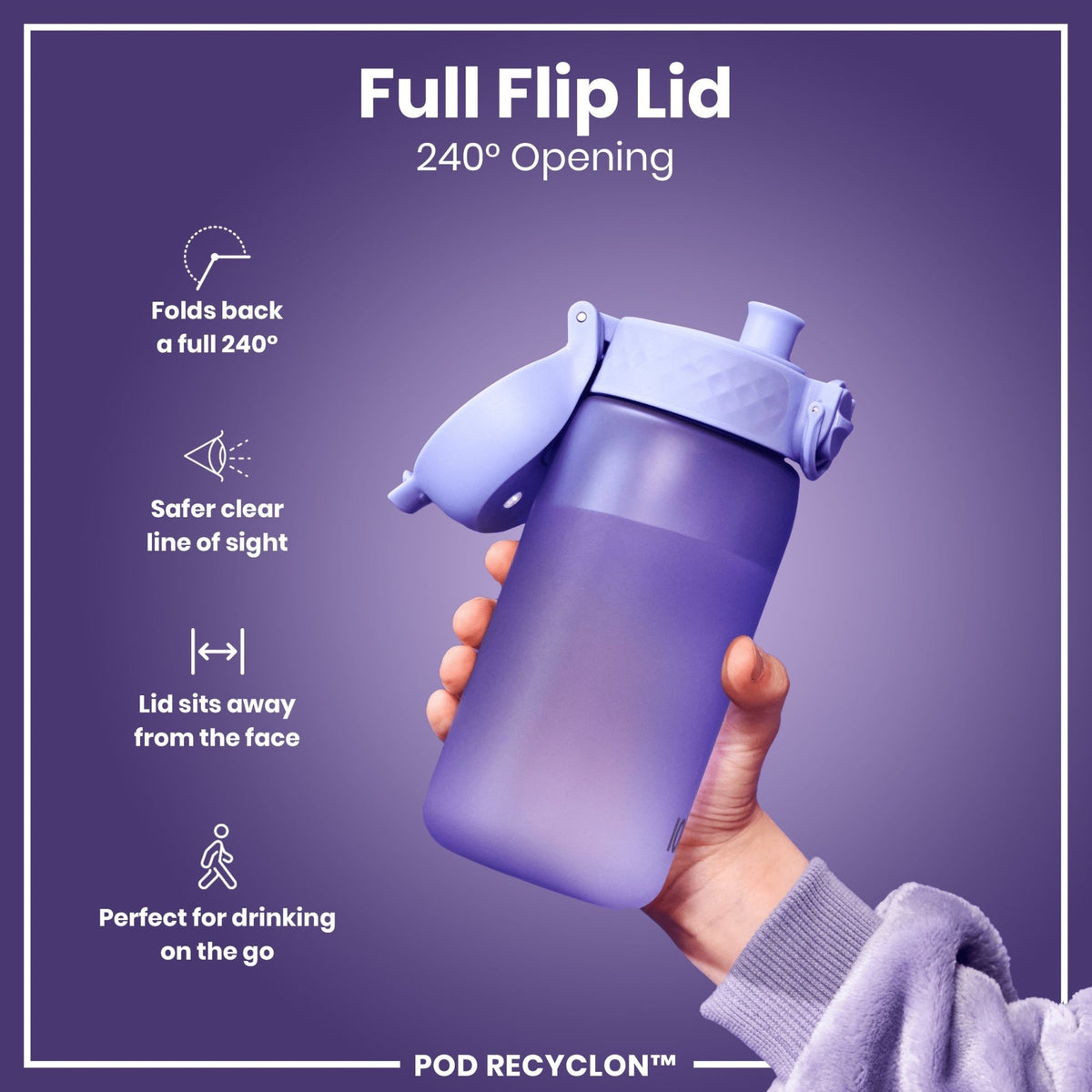 Ion8 Recyclon water bottle in light purple, 350ml, leak-proof kids' water bottle with durable design and secure lid.