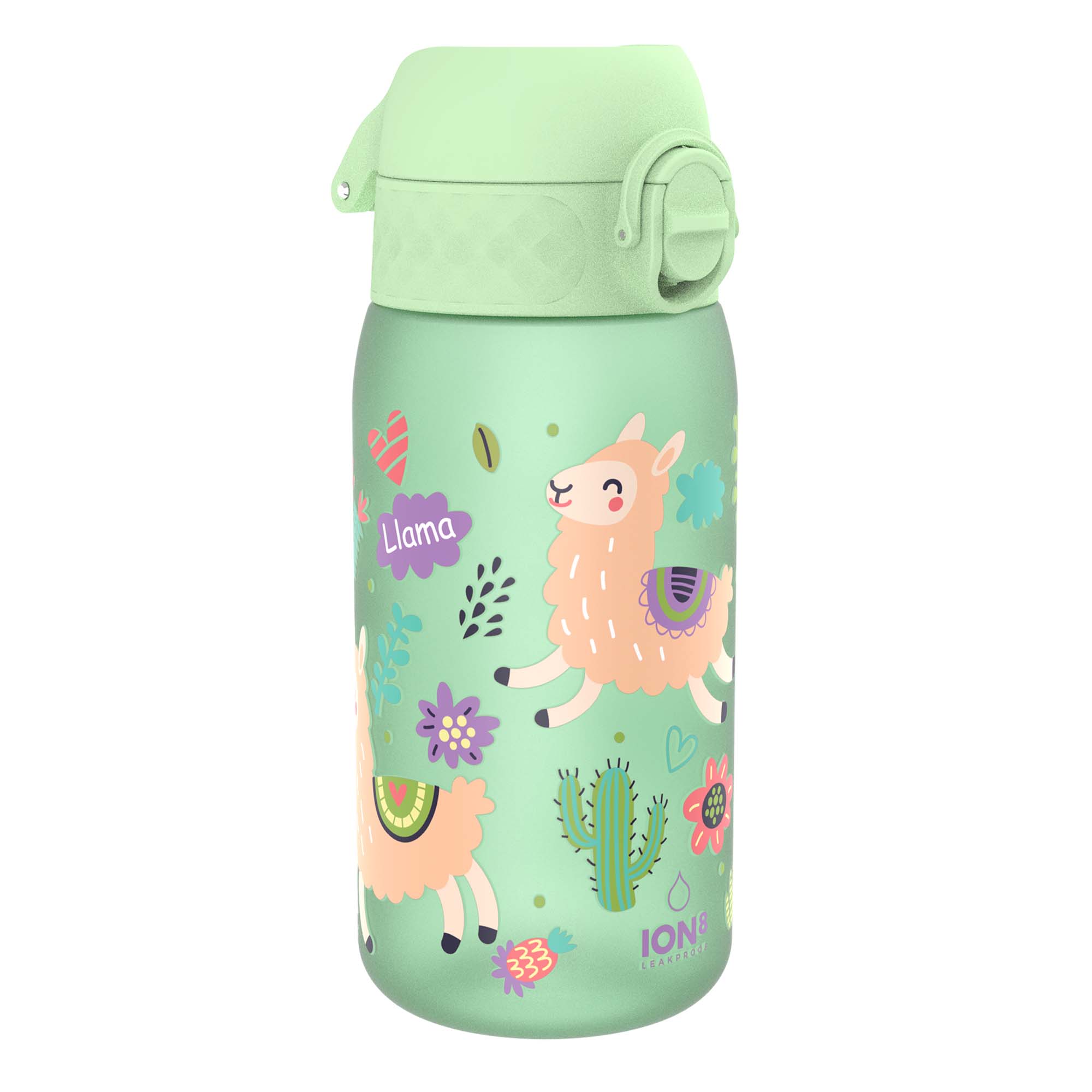 ION8 Recyclon leak-proof kids water bottle with llama design, 350ml (12oz), recyclable plastic, colorful and child-friendly.