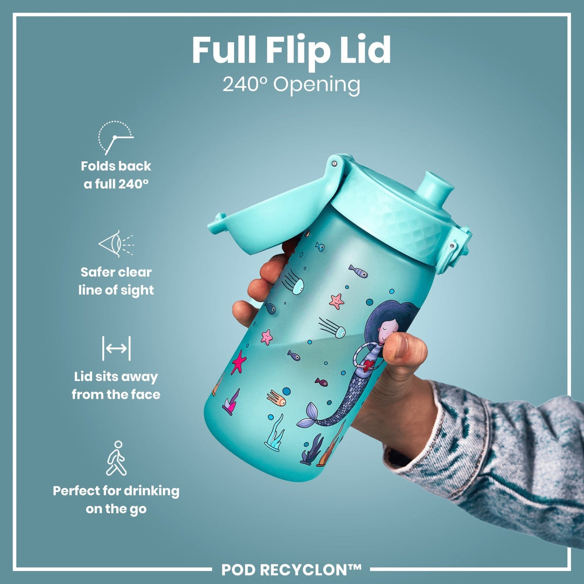 ION8 Recyclon Mermaid 350ml leak-proof water bottle for kids with colorful mermaid design and durable construction.