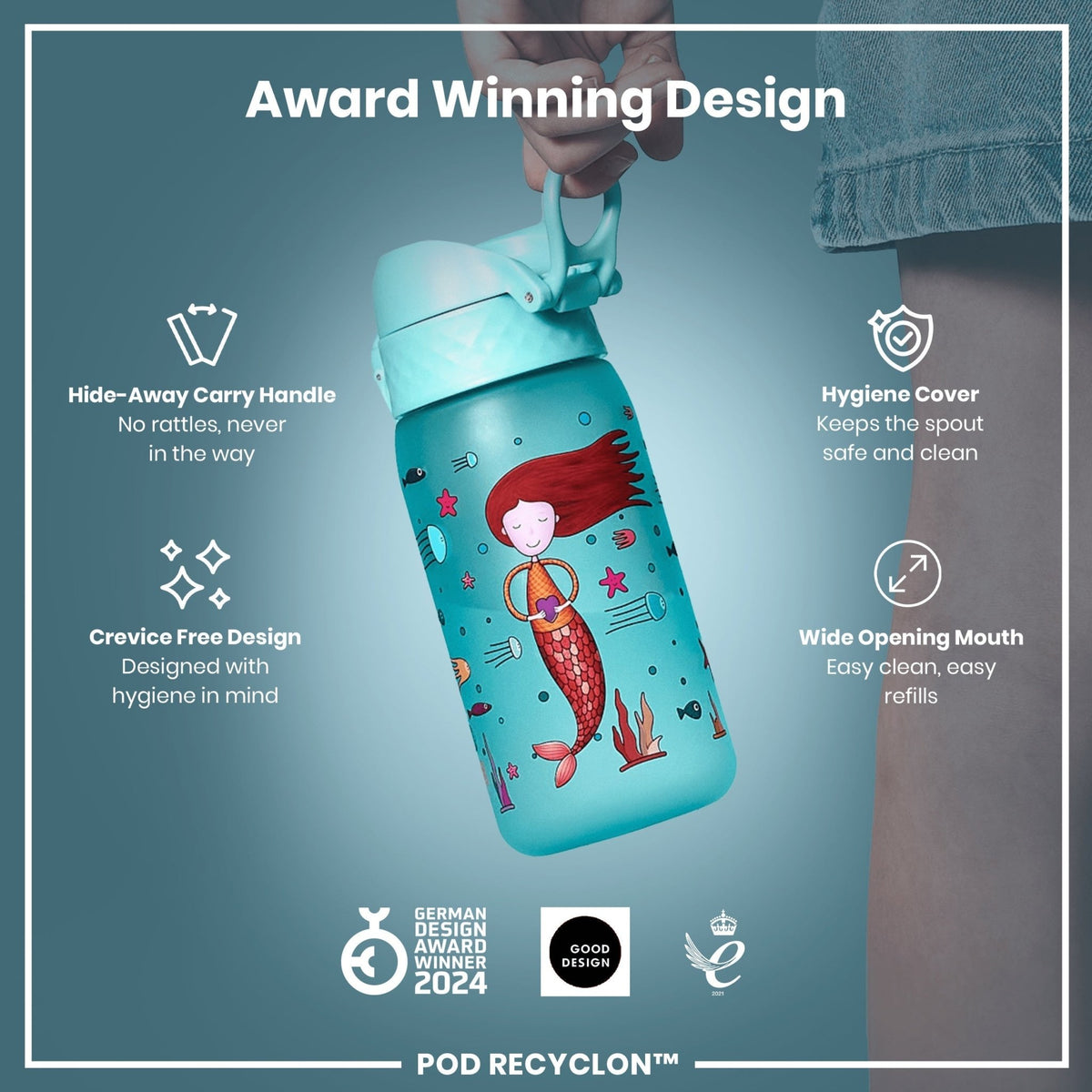 Ion8 Recyclon Mermaid 350ml leak-proof water bottle for kids with colorful mermaid design, durable and eco-friendly.