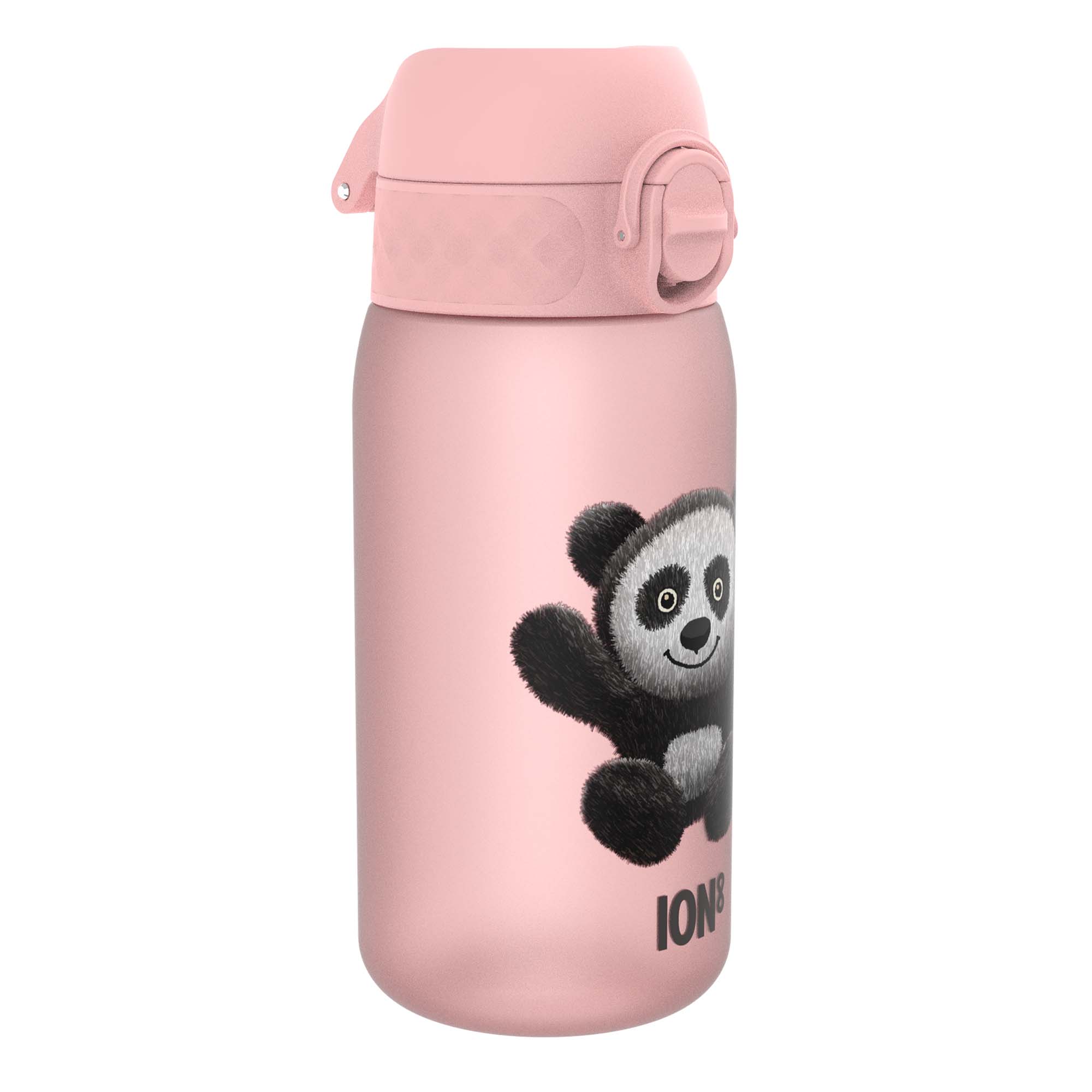 ION8 Recyclon leak-proof kids water bottle with panda design, 350ml capacity, made of recyclable materials.