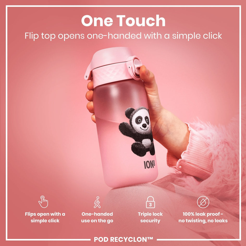 ION8 Recyclon Panda 350ml leak-proof water bottle for kids, featuring a colorful panda design and durable construction.
