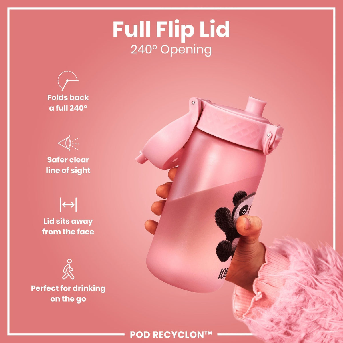ION8 Recyclon Panda 350ml leak-proof water bottle for kids, featuring a fun panda design and durable Recyclon material