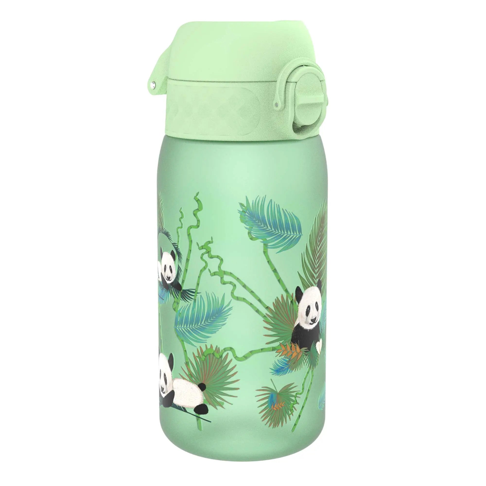 ION8 Recyclon leak-proof kids' water bottle with panda design, 350ml capacity, durable and eco-friendly for children.