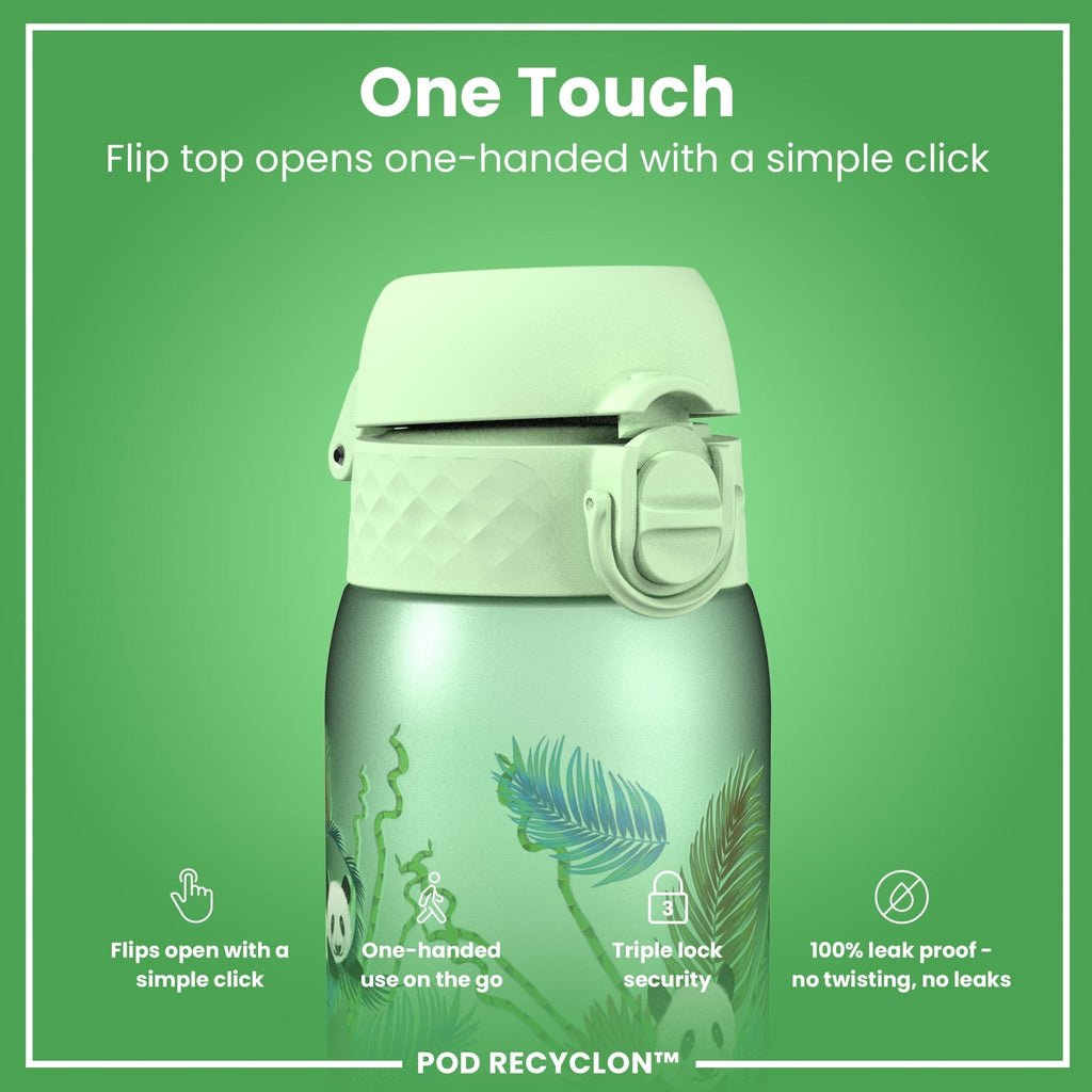 ION8 Recyclon Pandas 350ml leak-proof water bottle for kids, featuring colorful panda design and durable plastic construction.