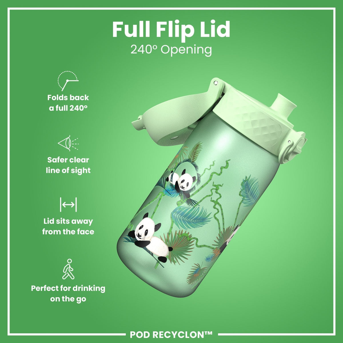 Ion8 Recyclon Pandas 350ml leak-proof kids water bottle featuring colorful panda designs and durable stainless steel construction.