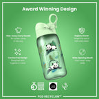 Ion8 Recyclon Pandas 350ml leak-proof water bottle for kids, featuring colorful panda design and durable Recyclon material.