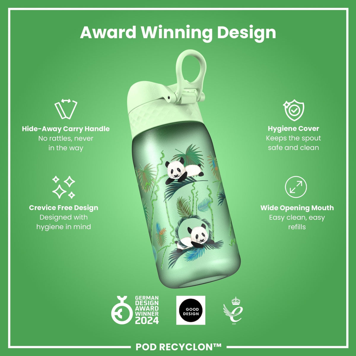 Ion8 Recyclon Pandas 350ml leak-proof water bottle for kids, featuring colorful panda design and durable Recyclon material.