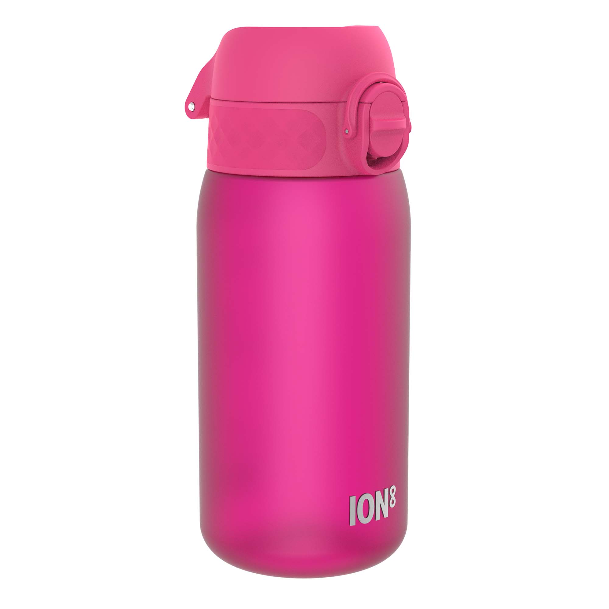 Pink ION8 Recyclon leak-proof kids water bottle, 350ml (12oz), with secure lid and durable design for children.