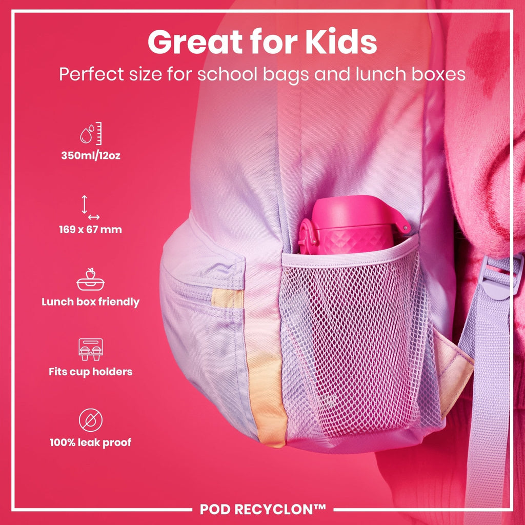 ION8 Recyclon Pink 350ml leak-proof water bottle for kids, durable plastic, featuring a secure lid and vibrant pink design.
