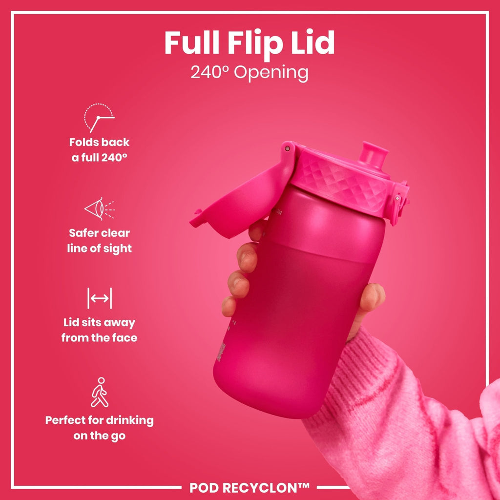 ION8 Recyclon Pink 350ml leak-proof kids' water bottle with a durable design and secure lid.