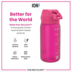 ION8 Recyclon Pink 350ml leak-proof water bottle for kids, made of recyclable materials with a secure lid.