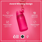 ION8 Recyclon Pink 350ml leak-proof water bottle for kids, made from recyclable materials, featuring a secure lid and vibrant design.