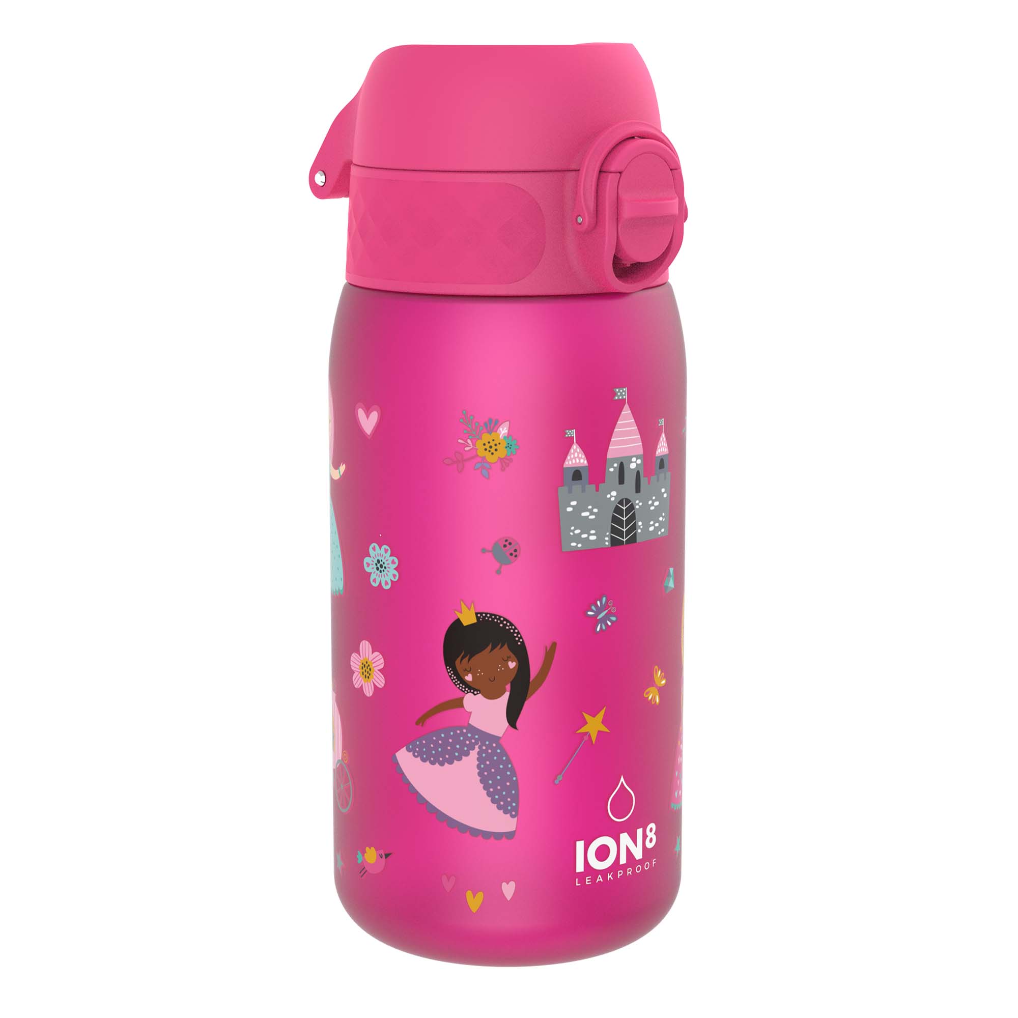 Ion8 Leak Proof Kids Water Bottle with Princess design, 350ml Recyclon water bottle featuring a colorful princess illustration.