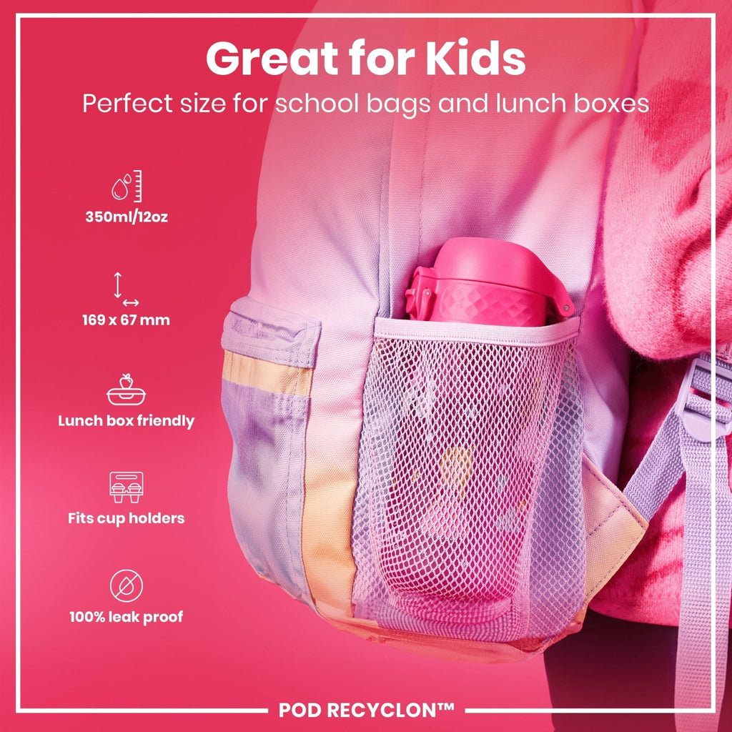 ION8 Recyclon Princess 350ml leak-proof kids water bottle with colorful princess design and secure lid.