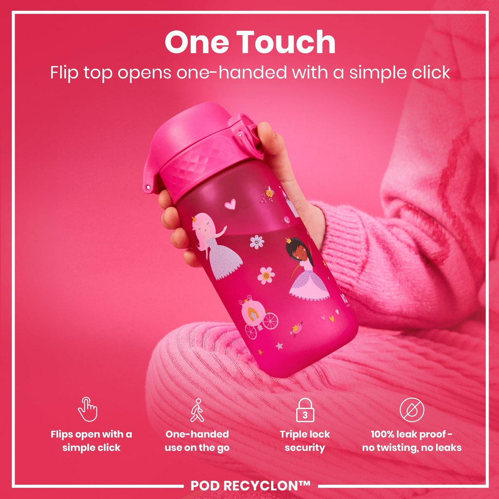 Ion8 Recyclon Princess 350ml leak-proof kids water bottle with colorful princess design and secure screw lid.