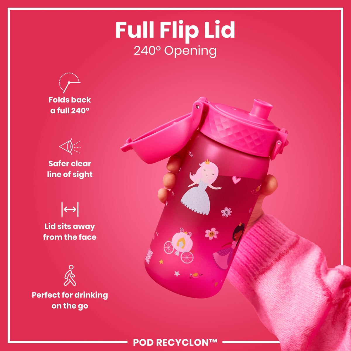 Ion8 Recyclon Princess 350ml leak-proof kids water bottle featuring colorful princess design and durable reusable bottle.