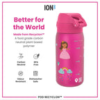 ION8 Recyclon Princess 350ml leak-proof kids water bottle featuring colorful princess design and durable plastic construction.