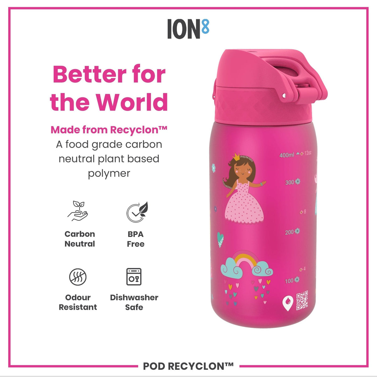 ION8 Recyclon Princess 350ml leak-proof kids water bottle featuring colorful princess design and durable plastic construction.