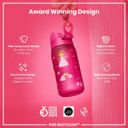 ION8 Recyclon Princess 350ml leak-proof kids water bottle with colorful princess design and secure lid.