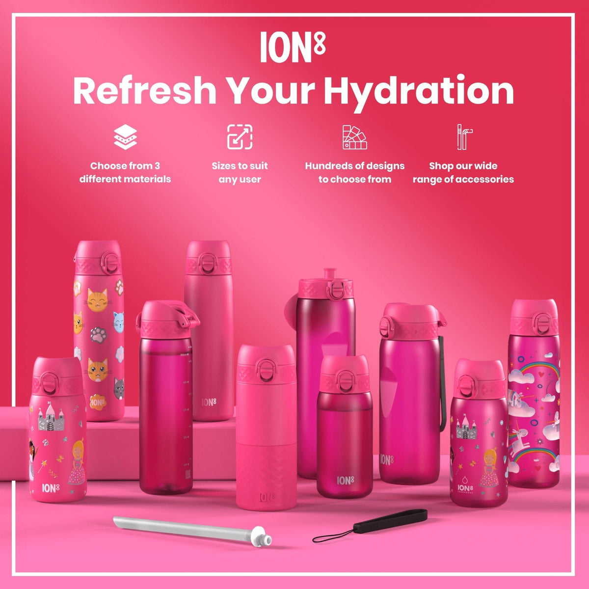 ION8 Recyclon Princess 350ml leak-proof kids water bottle featuring colorful princess design and durable construction.