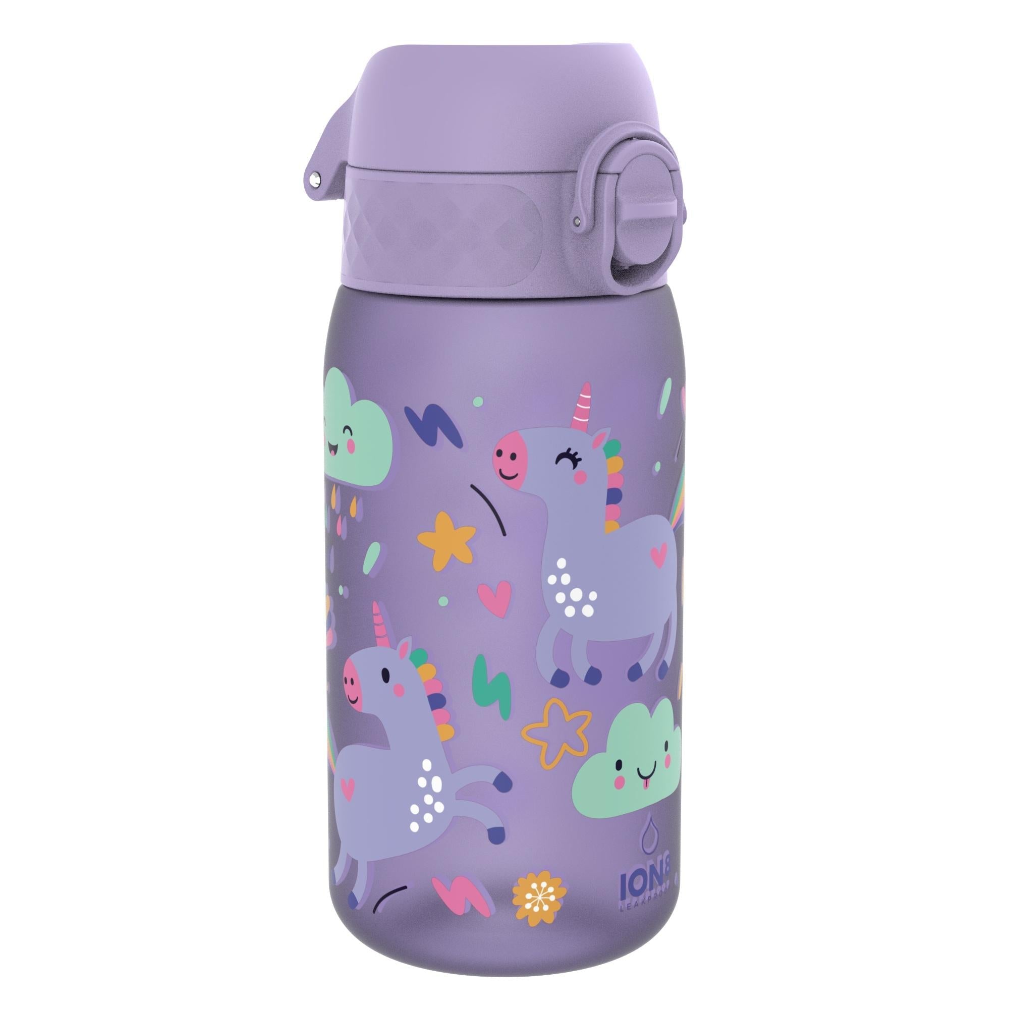 Recyclon ION8 leak-proof kids water bottle with purple unicorns design, 350ml capacity, made for children.