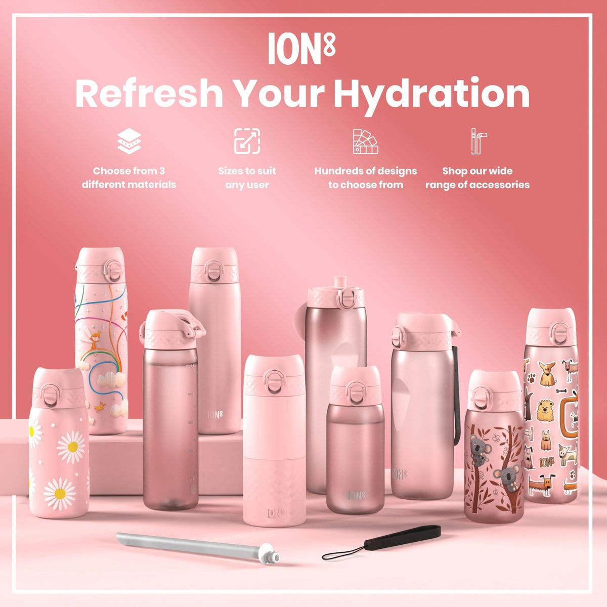 ION8 Recyclon Rainbow Kids Water Bottle, 350ml, leak-proof Recyclon bottle with colorful rainbow design for children.