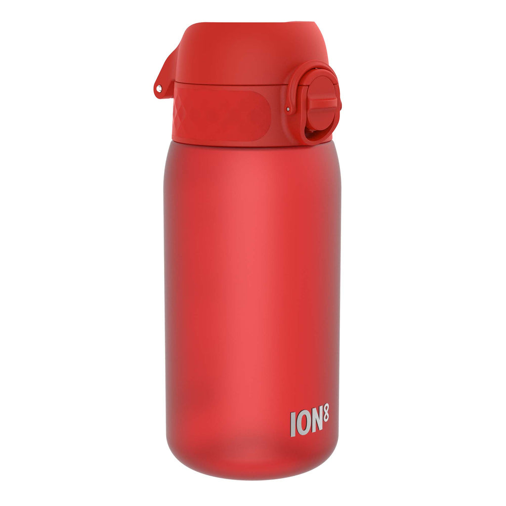 ION8 Recyclon Red 350ml leak-proof kids water bottle with durable design and secure lid, ideal for active hydration.