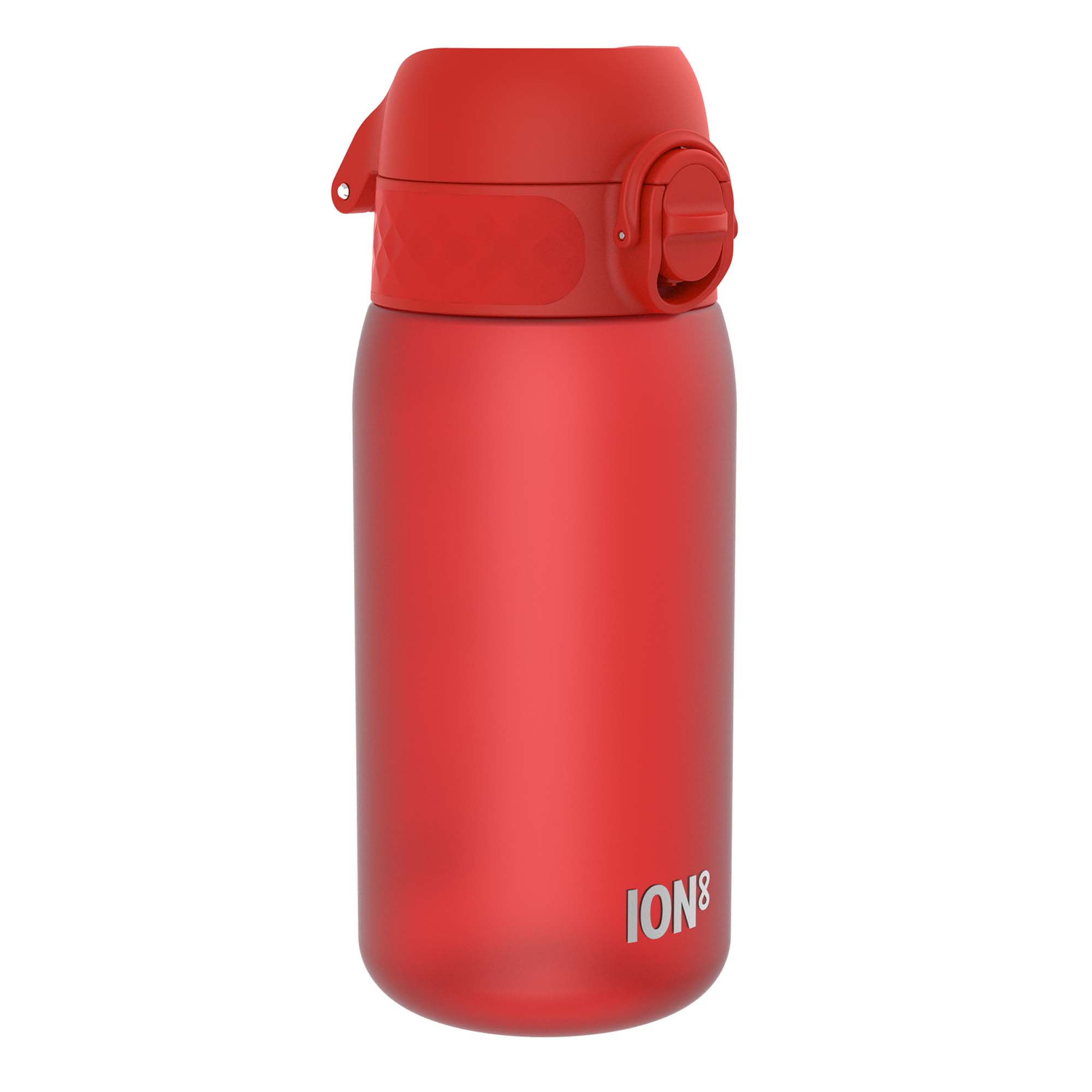 Red ION8 Recyclon leak-proof kids water bottle, 350ml (12oz), with a child-friendly design and secure lid.