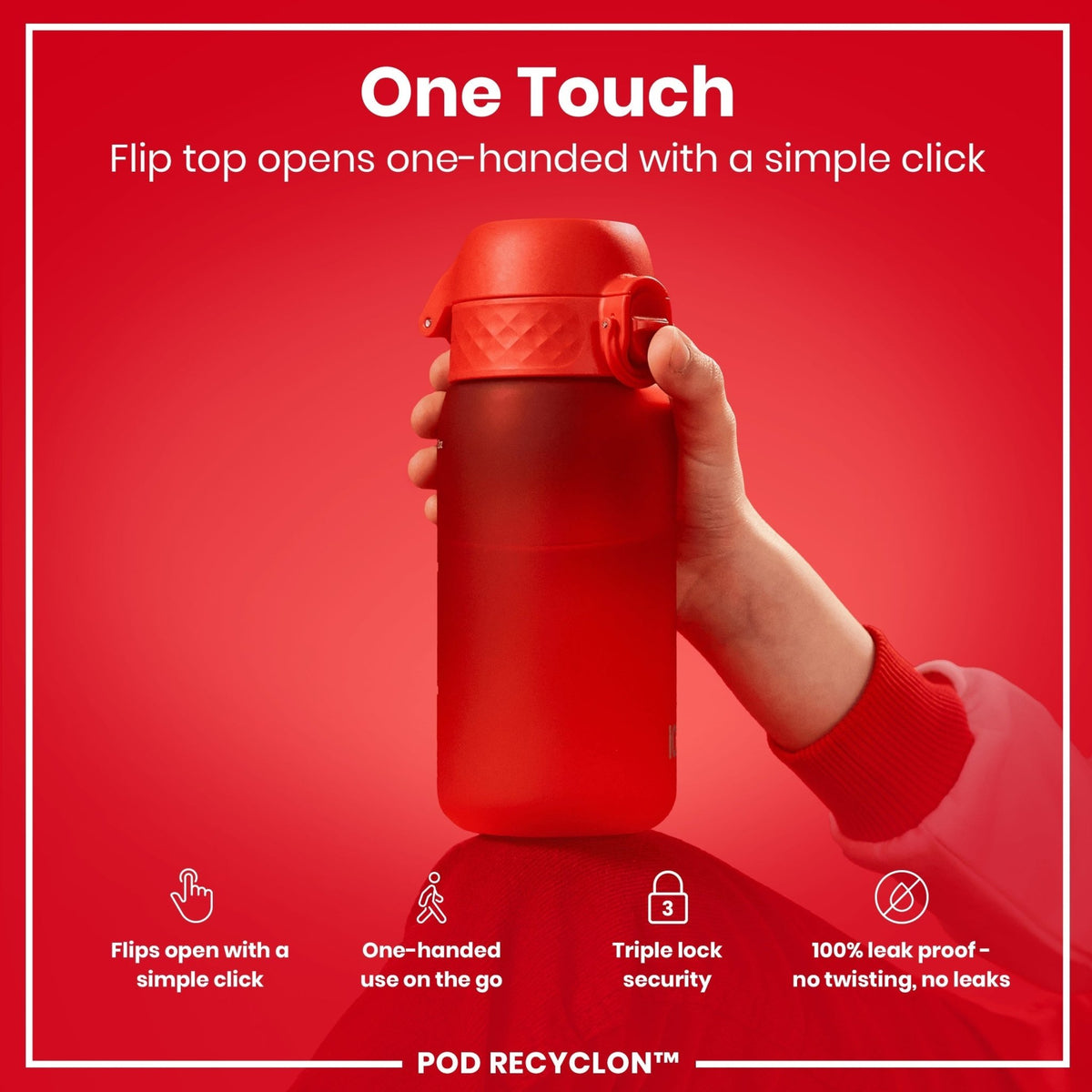 ION8 Recyclon Red 350ml leak-proof kids water bottle with durable design and secure lid.