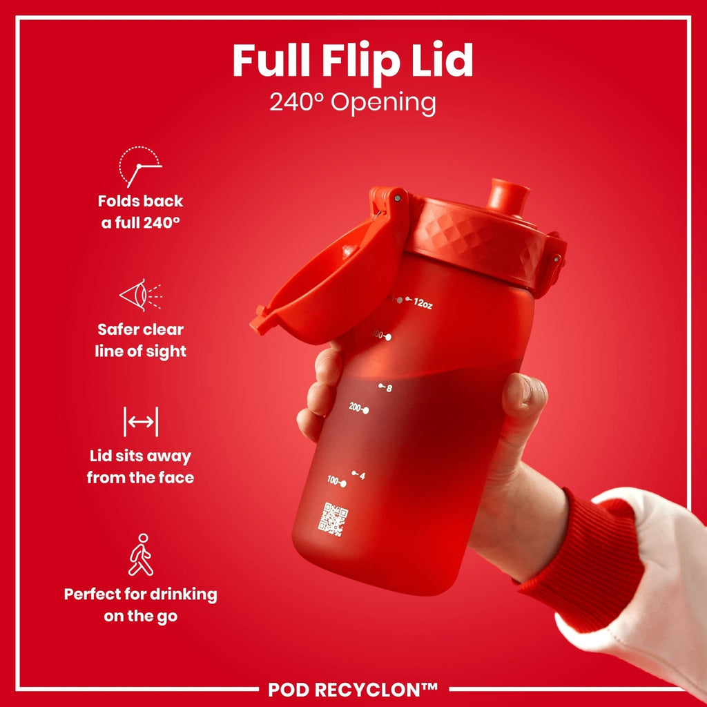 ION8 Recyclon Red 350ml leak-proof water bottle for kids, durable plastic, with secure lid and vibrant red color.