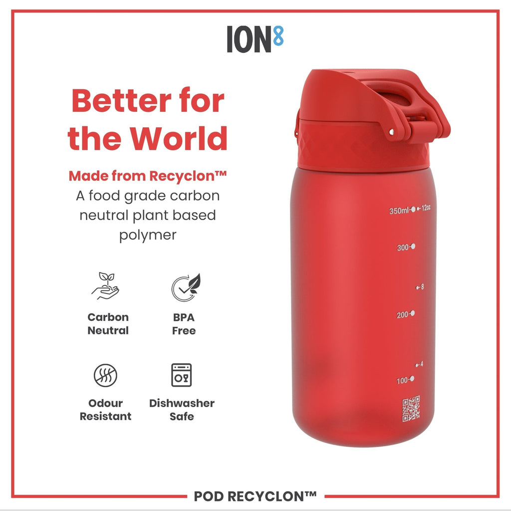 ION8 Recyclon Red 350ml leak-proof water bottle for kids, durable plastic bottle featuring a secure lid and vibrant red color.
