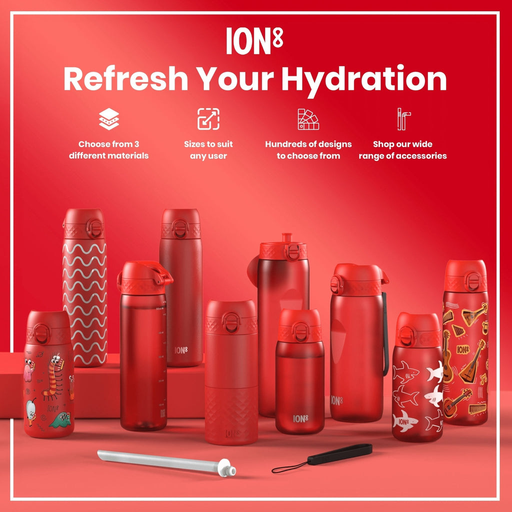 ION8 Recyclon Red 350ml leak-proof kids water bottle, durable plastic, with secure lid and vibrant red color.