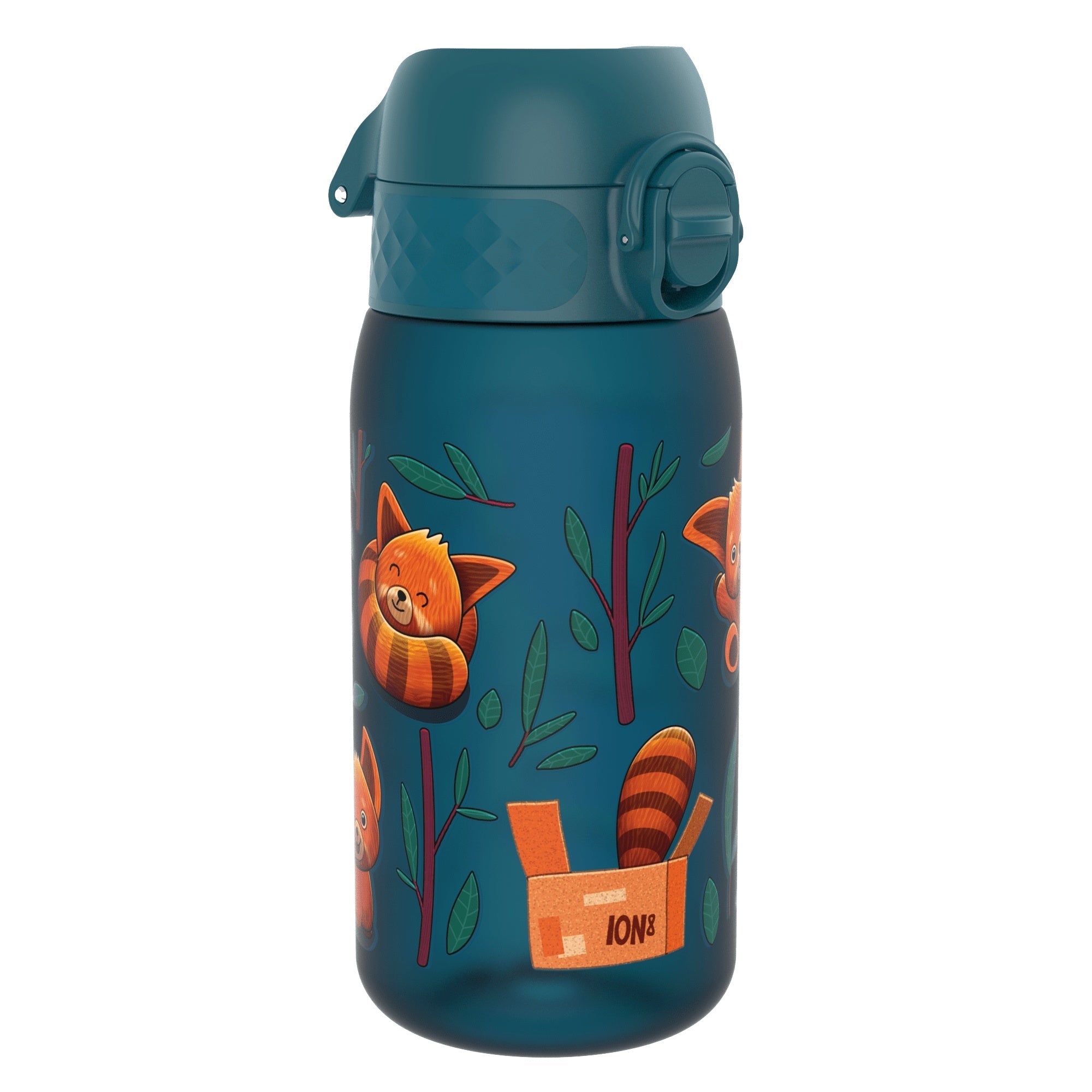 Red pandas Recyclon leak-proof kids water bottle by ION8, 350ml (12oz), with colorful panda design and secure lid.