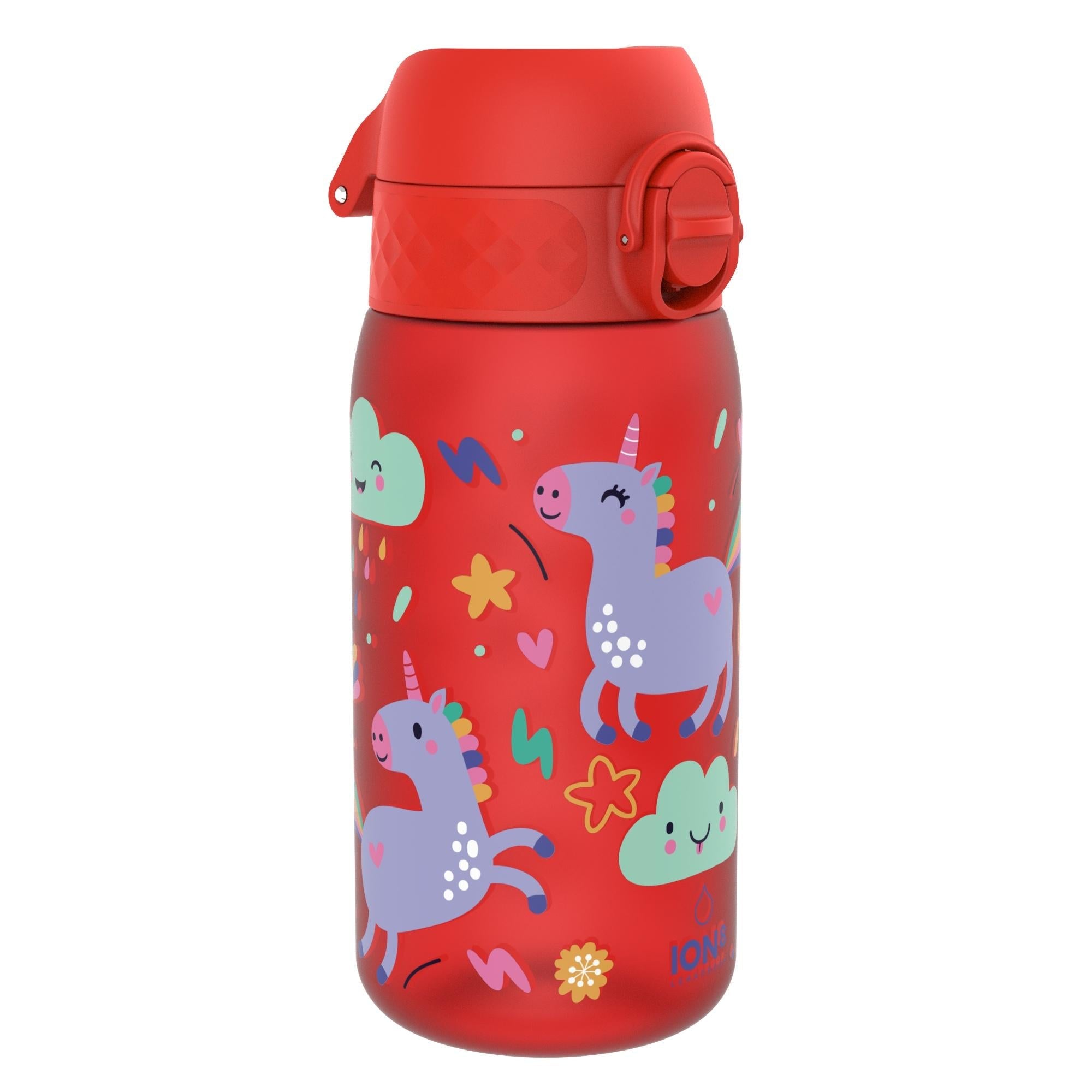 Recyclon kids water bottle by ION8 in red with unicorn design, leak-proof, 350ml capacity, suitable for children