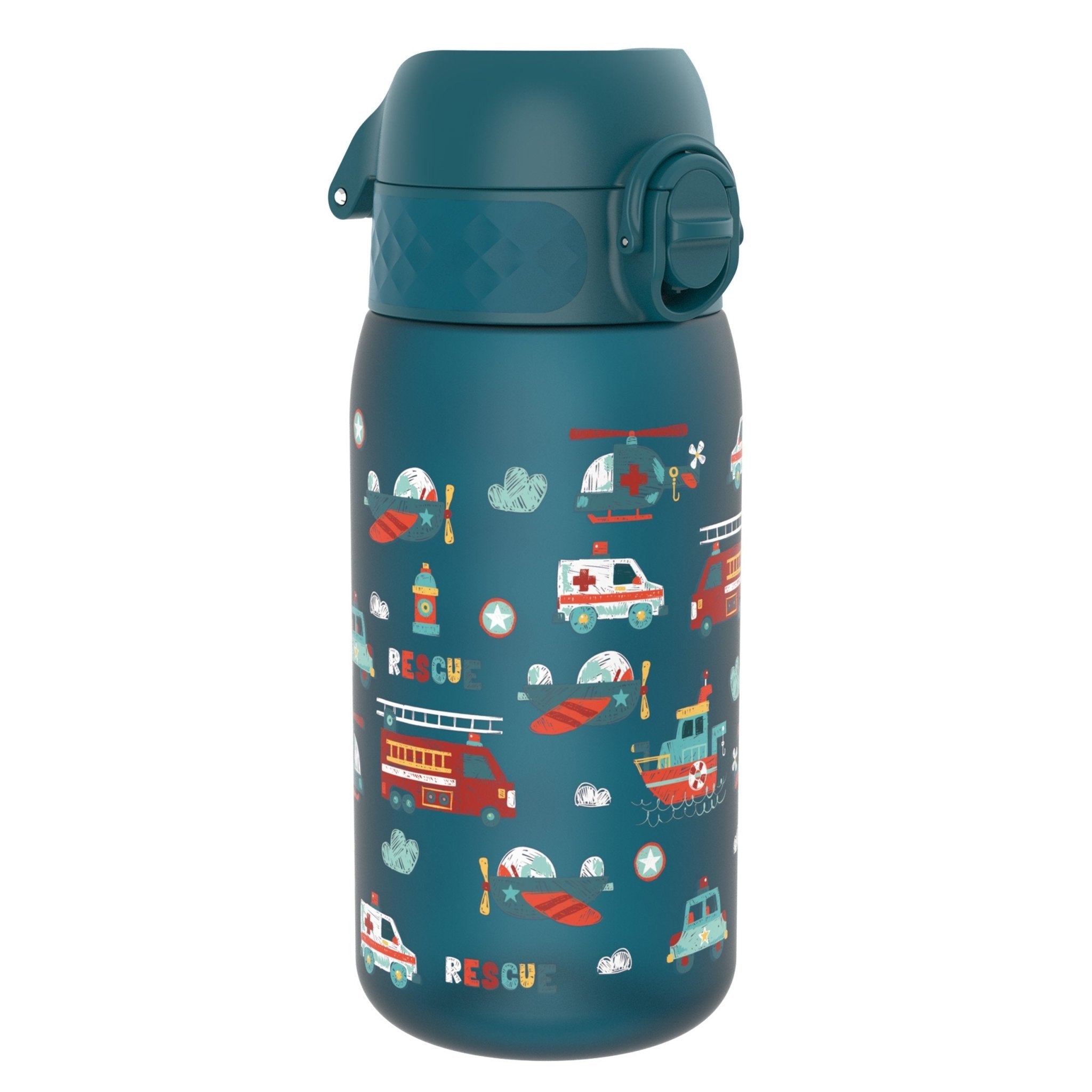 ION8 Recyclon leak-proof kids water bottle featuring rescue vehicle design, 350ml capacity, made for active children.