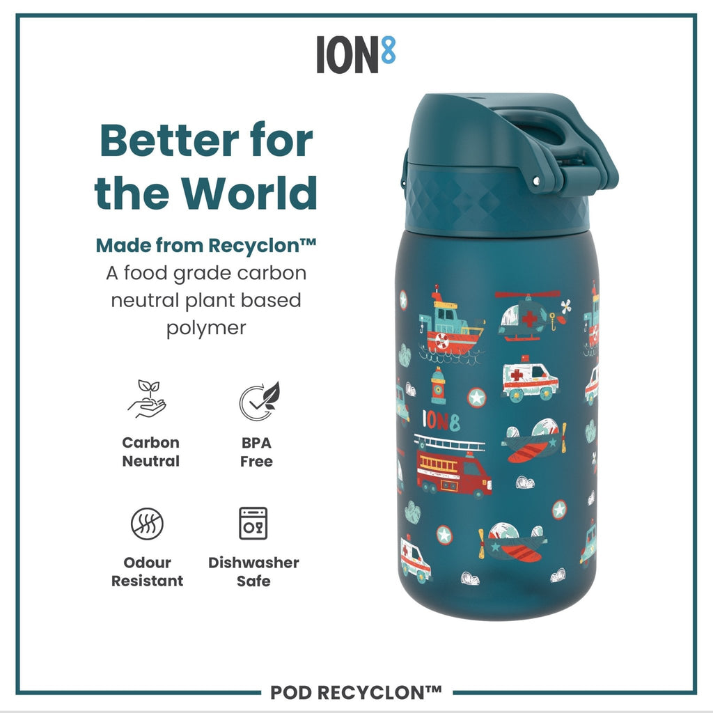 ION8 Recyclon Bottle Rescue Vehicles 350ml leak-proof kids' water bottle featuring colorful rescue vehicle design.