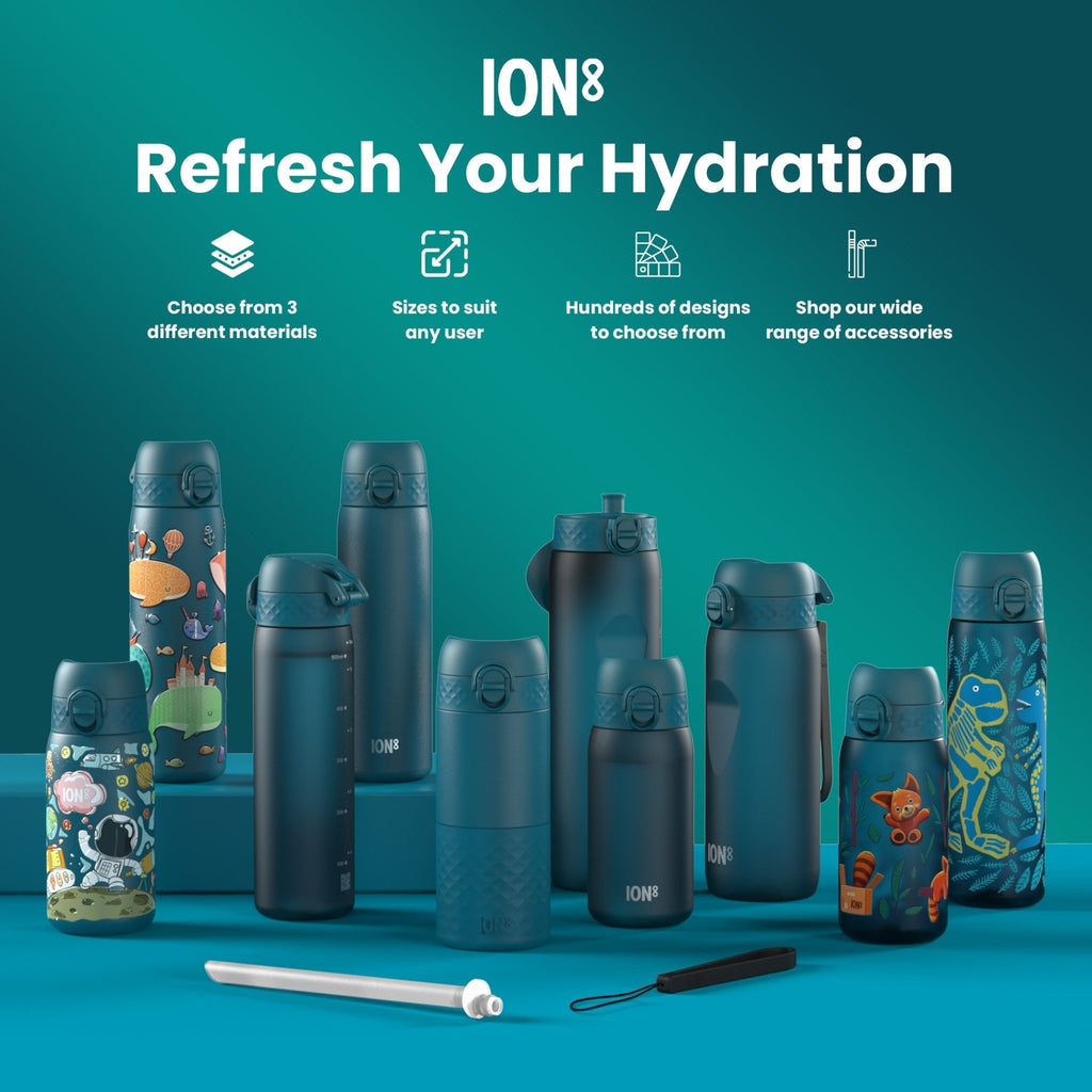 ION8 Recyclon Rescue Vehicles 350ml leak-proof kids' water bottle with colorful vehicle designs.