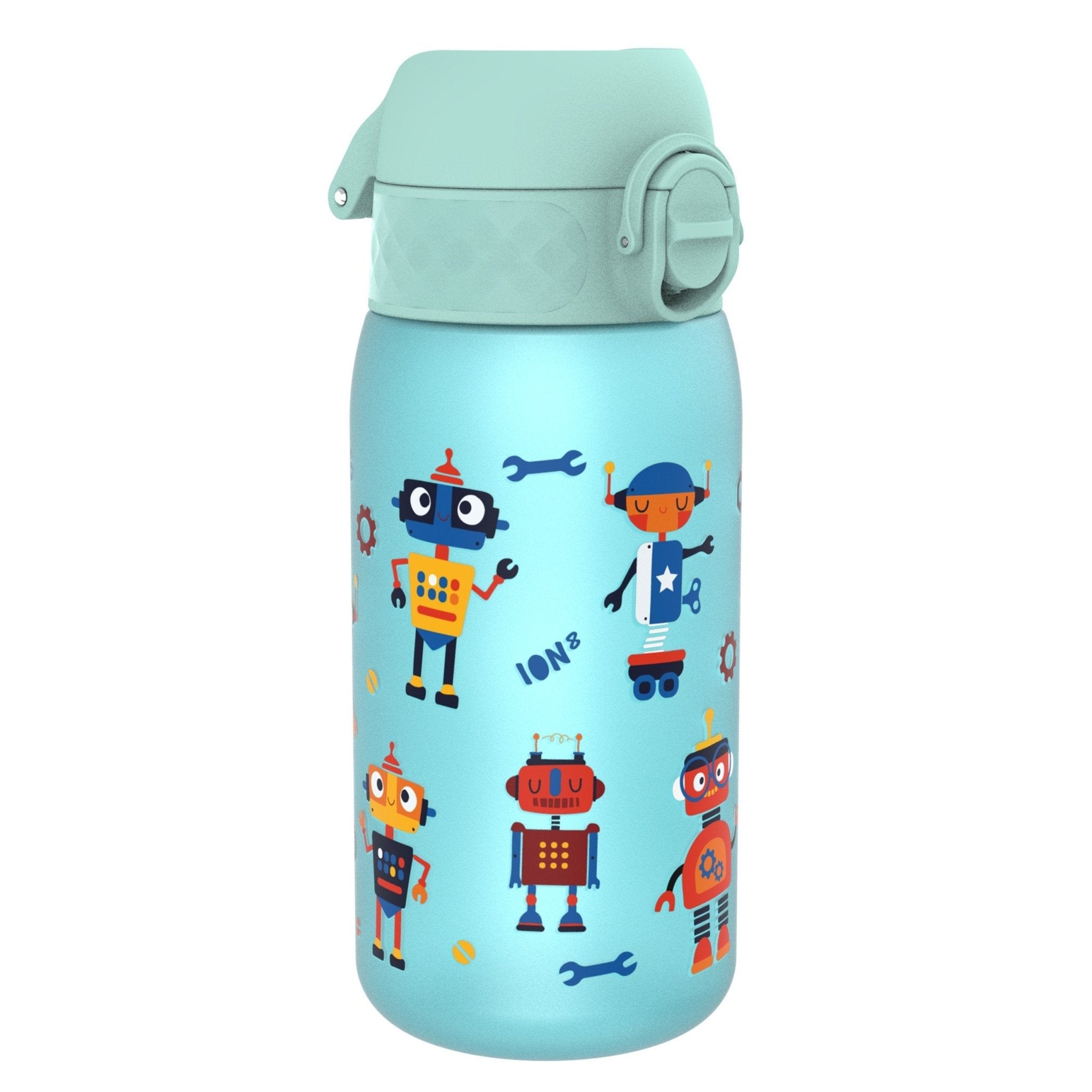 ION8 Recyclon leak-proof kids water bottle with robot design, 350ml capacity, made of durable, recyclable materials