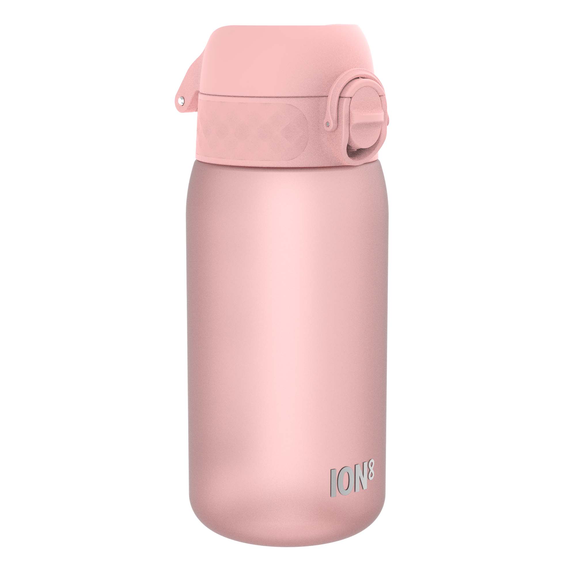 ION8 Recyclon leak-proof kids water bottle in rose quartz, 350ml (12oz), with a colorful lid and durable design for children