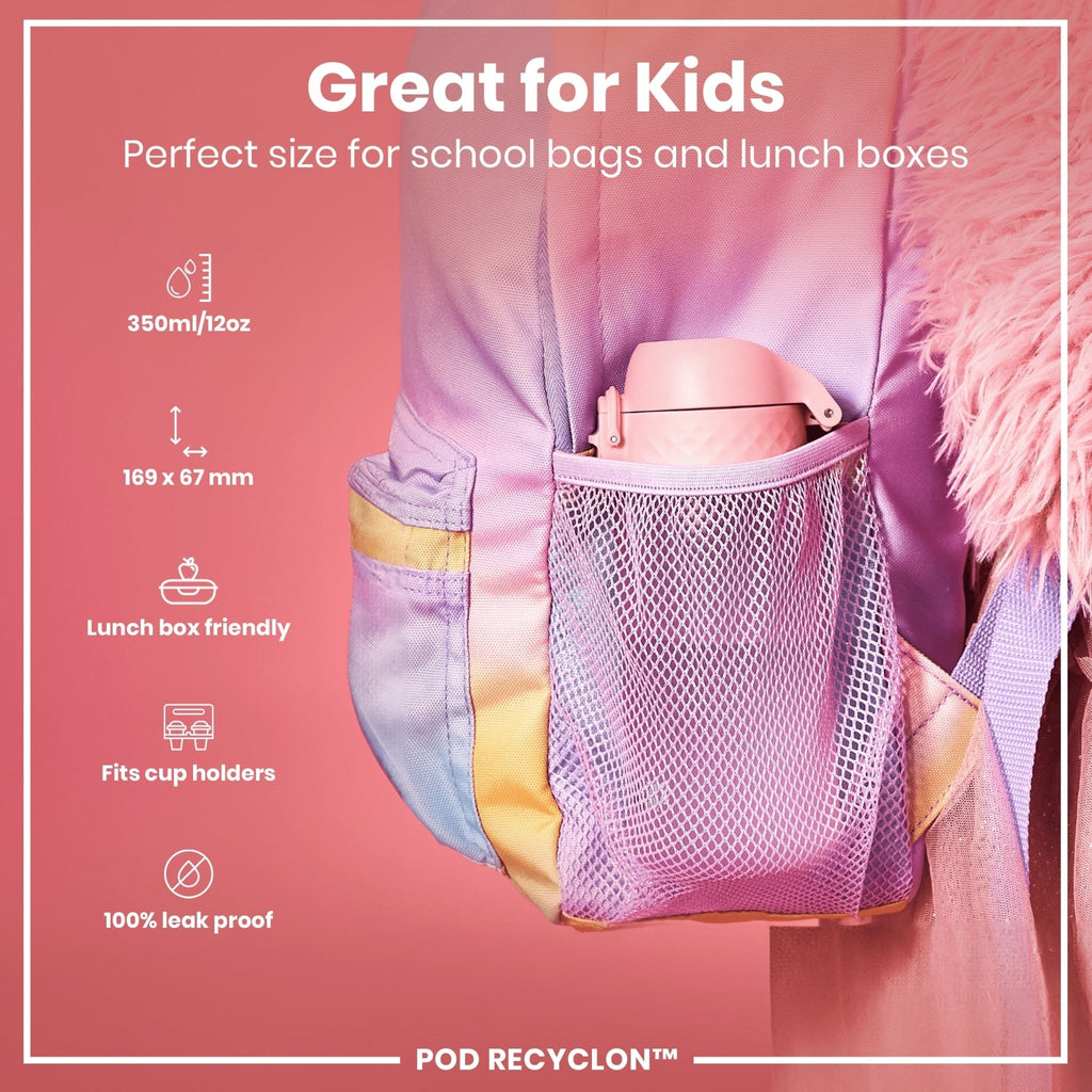ION8 Recyclon Rose Quartz 350ml water bottle, leak-proof reusable bottle with pink rose quartz design for kids.